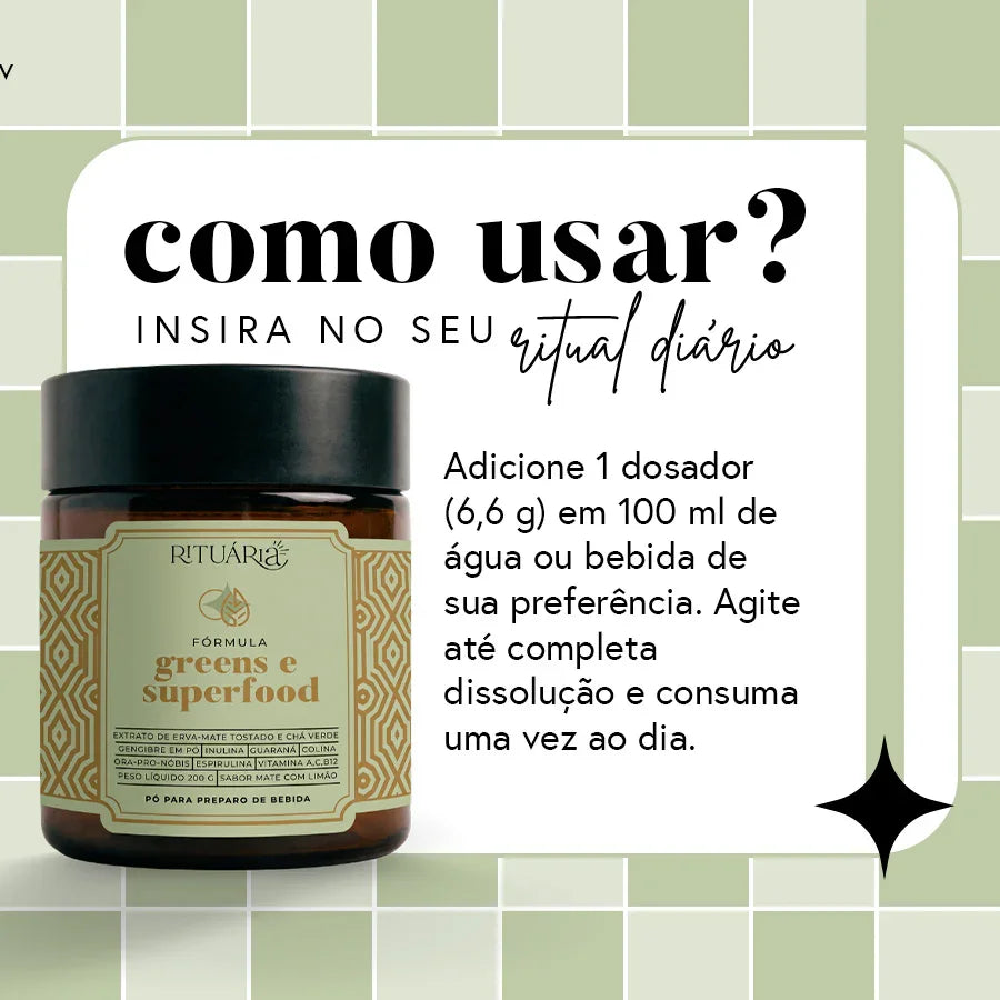 Fórmula Greens e Superfood  (Sabor Maçã Verde) - Fibras + Espirulina + Colina + Vitaminas