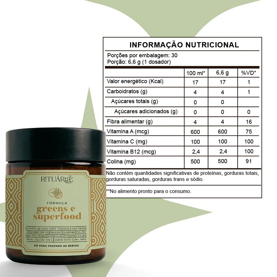Fórmula Greens e Superfood  (Sabor Maçã Verde) - Fibras + Espirulina + Colina + Vitaminas